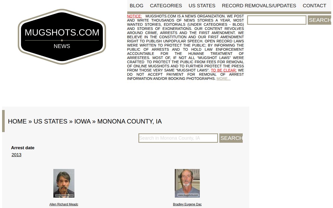 Unofficial stale Monona County mugshot archive landing page