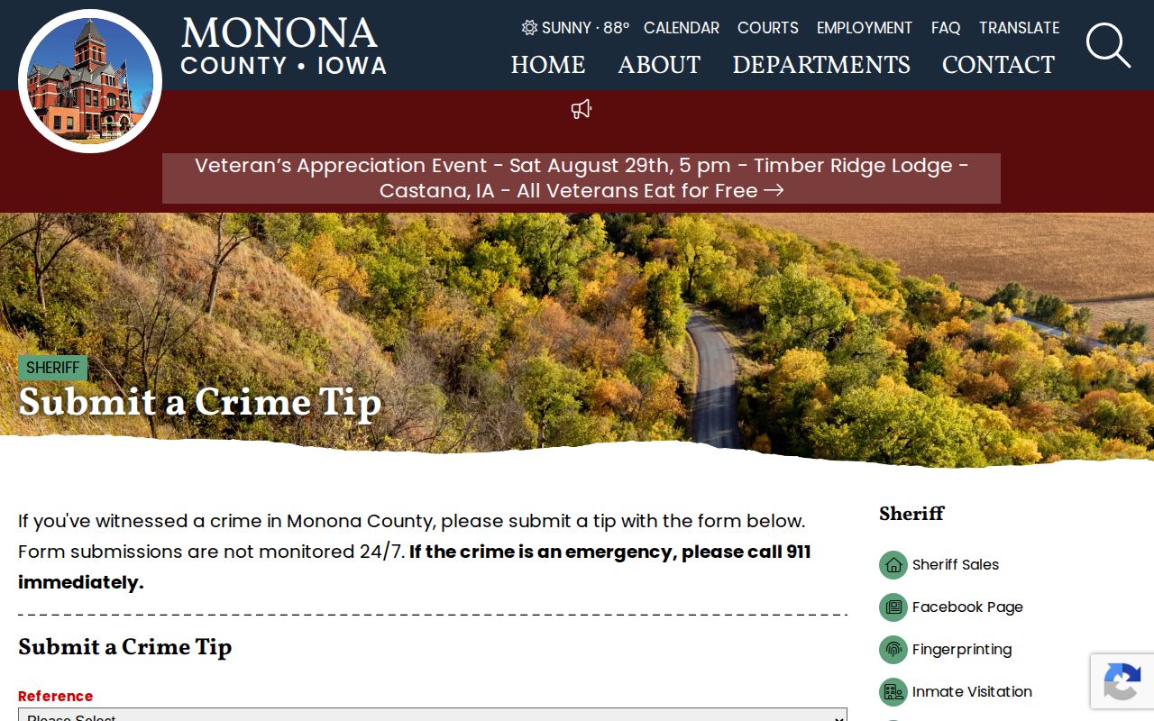Monona County sheriff official crime tip form for wanted and warrant information